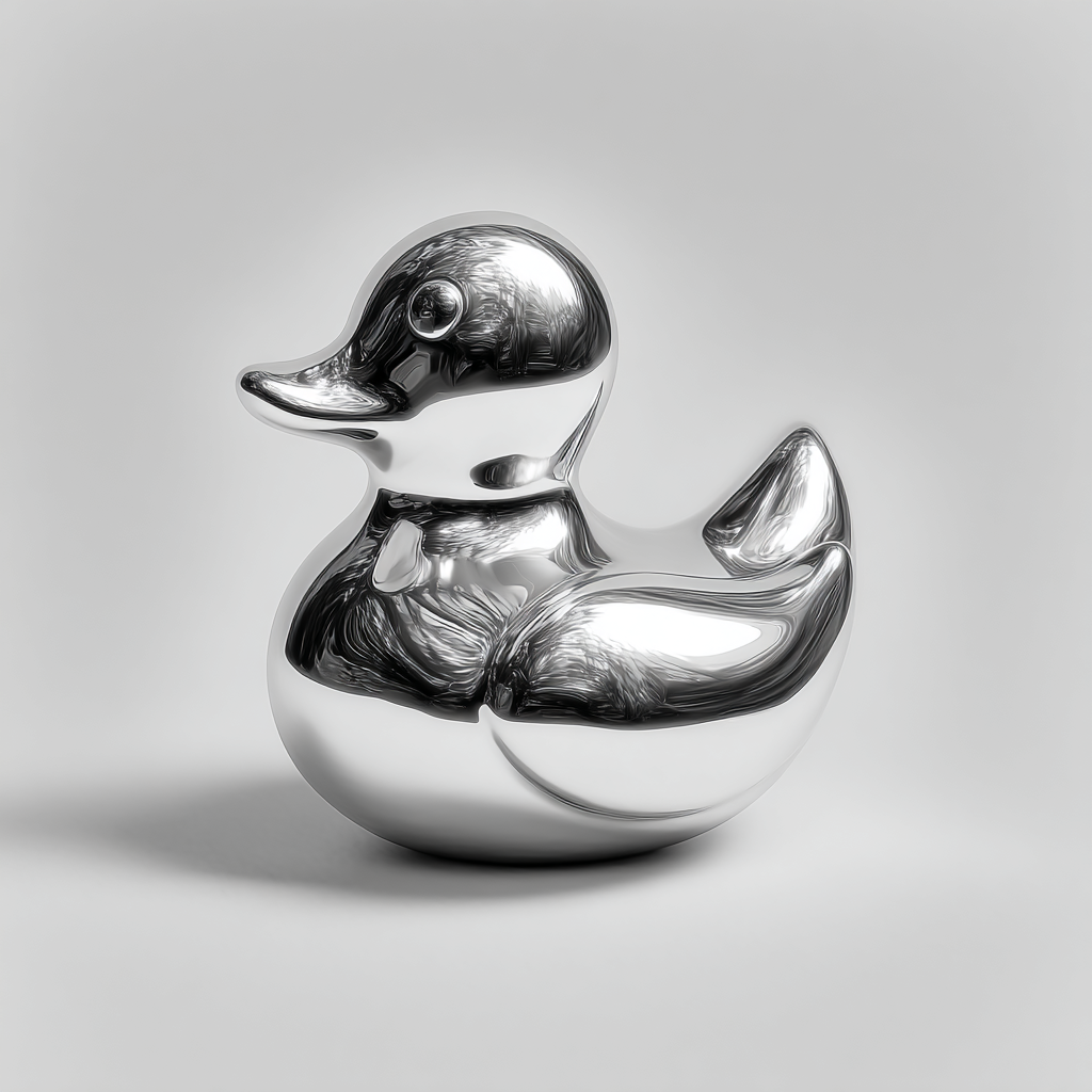 Narcissus mirror-chrome duck sculpture with a glossy reflective finish