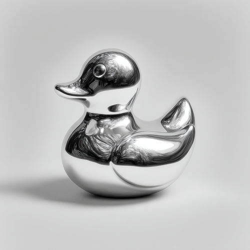 Narcissus mirror-chrome duck sculpture with a glossy reflective finish