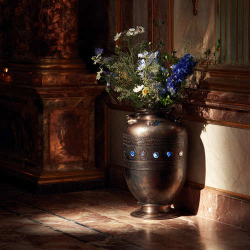 Artisan bronze urn with antique patina finish filled with fresh flowers